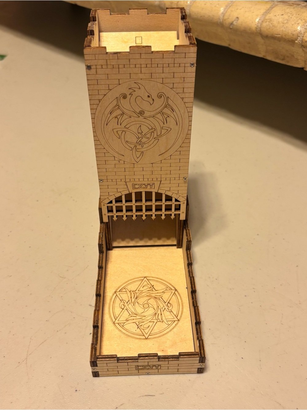 Laser-Cut Wooden Dice Tray with Celtic Engraving. Good shape used men & kids